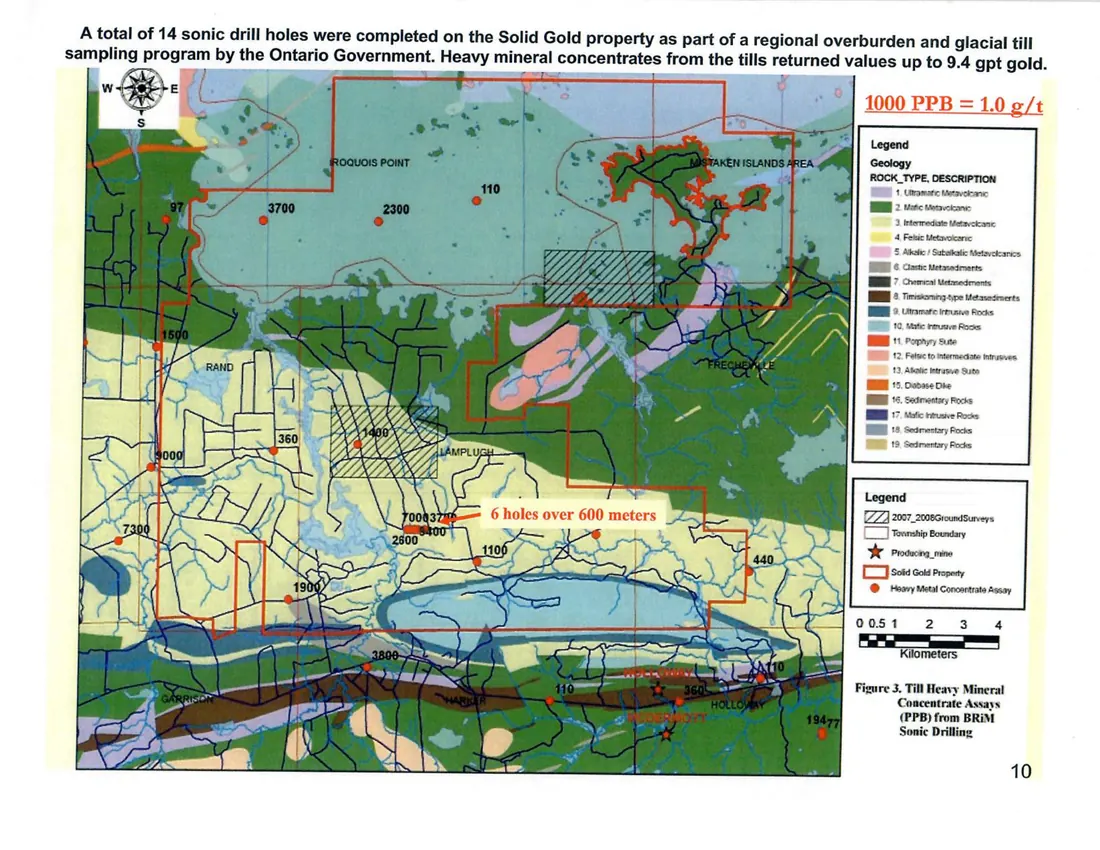 OGS BRiM heavy mineral concentrate gold assays map for the Legacy Gold Project area.