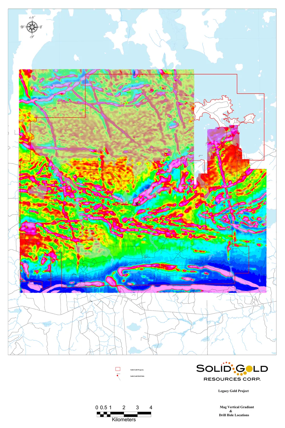 Airborne magnetic vertical gradient map for the Legacy Gold Project.