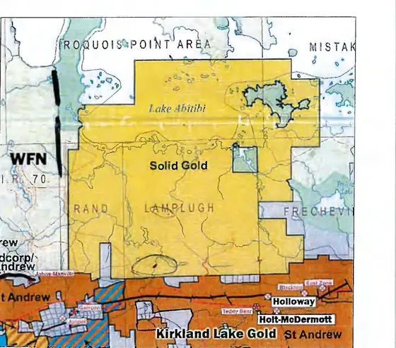 Regional map showing the Solid Gold property near Lake Abitibi and the Holt-Holloway and Holt-McDermott mine complex.