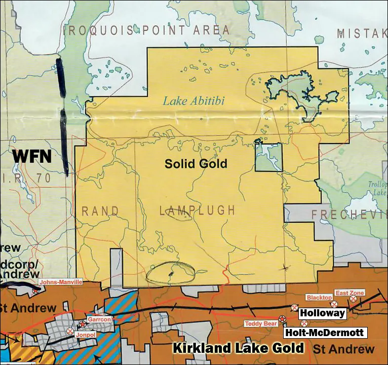 Solid Gold property map from the 2023 update showing the claim block adjacent to the Holloway and Holt-McDermott area.
